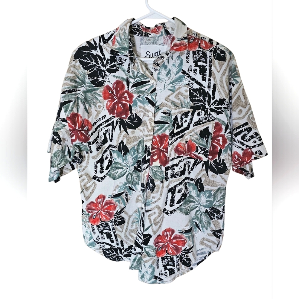 Swat 80s Vintage Floral Print Shirt Beige Hibiscus Tropical Size Medium